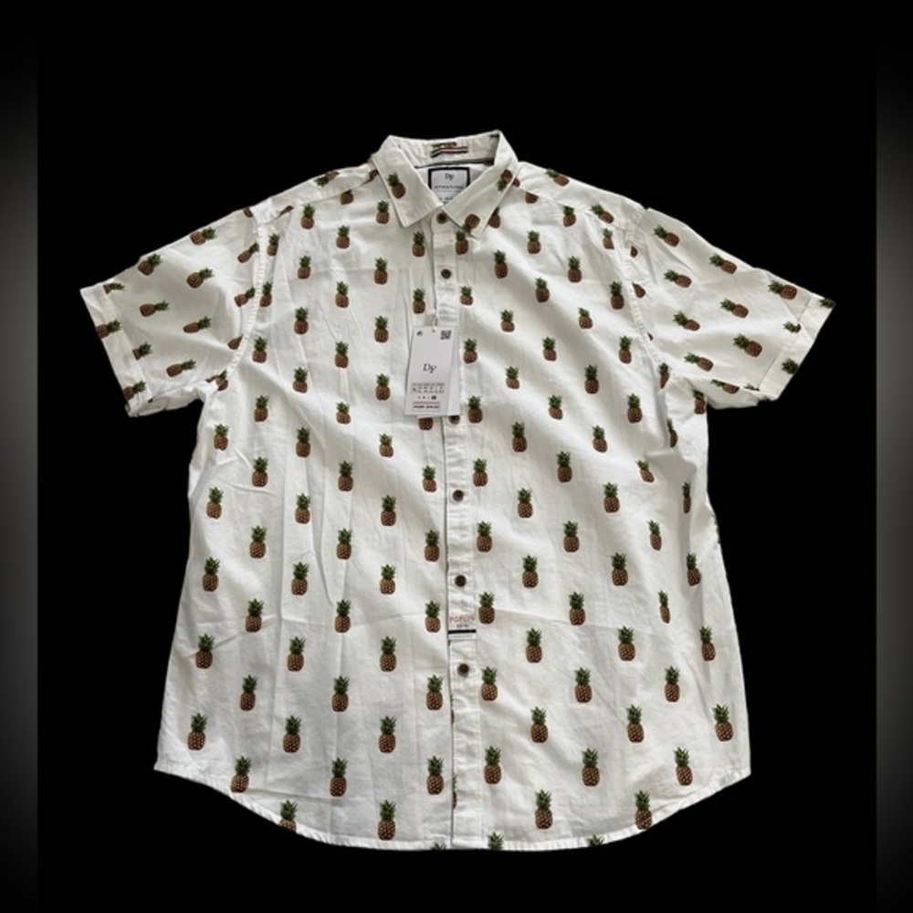 Denim & Flower Men’s Ricky Singh Slim Fit Poplin Short Sleeve Pineapple Shirt XL